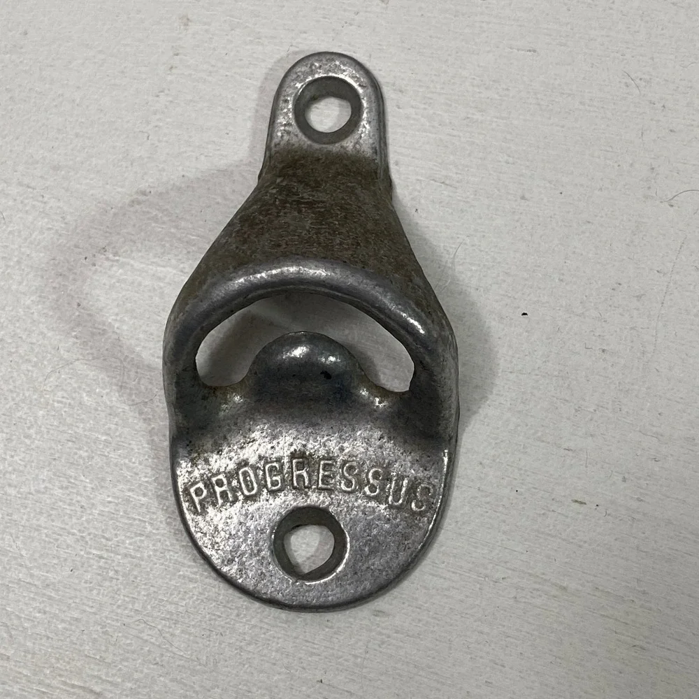 Vintage Progressus Wall Mount Bottle Opener Silver Metal Industrial Bar Tool